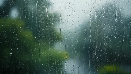 Rain-covered window with water droplets and blurred green outdoor view through glass - Powered by Adobe