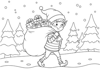 Christmas elf walking through snowy forest carrying sack of gifts