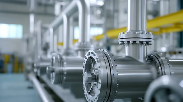 Close-up on an industrial piping system with silver pipes, bolts, and flanges arranged in a precise grid, showcasing engineering design and infrastructure elements in a plant setting.