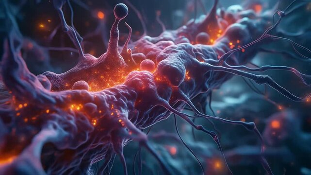 A complex network of pathogenic neurons with glowing synapses, illustrating intercellular signaling and communication