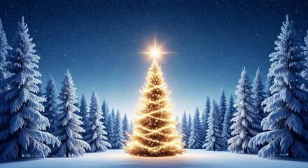 Obraz premium Breathtaking winter landscape featuring a radiant Christmas tree amidst snowy evergreens under starry night, ideal for festive designs on transparent background