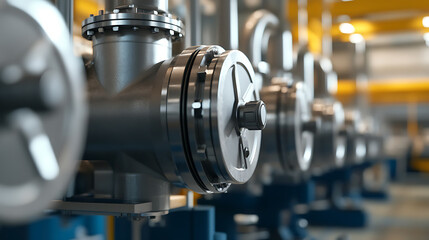 Fototapeta premium Industrial pipeline valves and metal fittings convey liquid with precision and control in the manufacturing facility. Focus on the foreground, clean setting, yellow lights.
