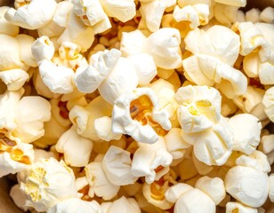 Close up overhead view of fluffy, white and yellow popped corn, snack ready to eat
