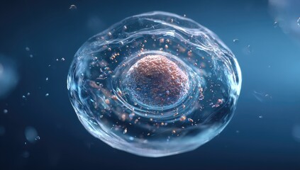 A detailed 3D rendering of a biological cell with a nucleus and surrounding membrane