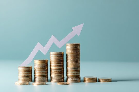 Stacked gold coins forming bars, with upward-pointing arrow, suggesting financial growth