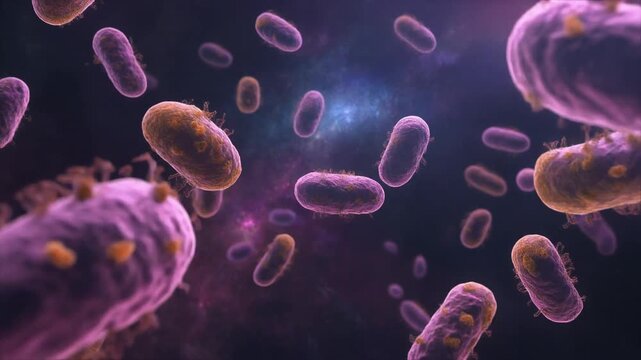 A captivating macro view of a dynamic colony of rod-shaped bacteria floating through a vibrant, deep cellular environment