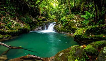Fototapeta premium Enchanting Waterfall Oasis in Lush Green Rainforest.