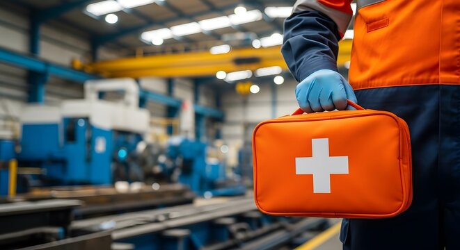 On-site safety first aid kit ready for emergencies in industrial workplace, ensuring worker health and protection, providing immediate medical care