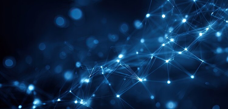 A network of interconnected dots and lines glows against a dark, blue-toned backdrop. A bokeh effect adds depth - Powered by Adobe