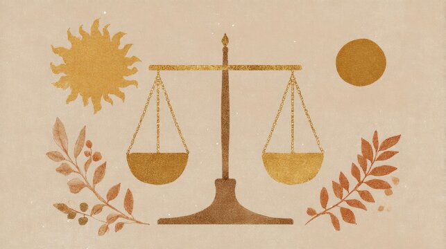 Illustration of a balance scale, which is a symbol of justice and balance. the scale is made up of two sets of scales, one on each side, with a golden color. - Powered by Adobe