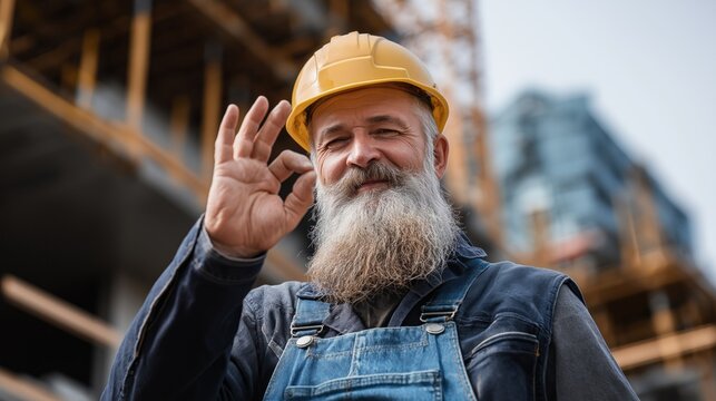 A smiling construction worker stands at a bustling building site, wearing a yellow hard hat and blue overalls, signaling his approval with an okay gesture. The surroundings show work in progress - Powered by Adobe