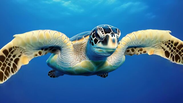 A sea turtle glides effortlessly through the pristine blue waters of the ocean, showcasing its vibrant shell and gentle movements in the midday light.