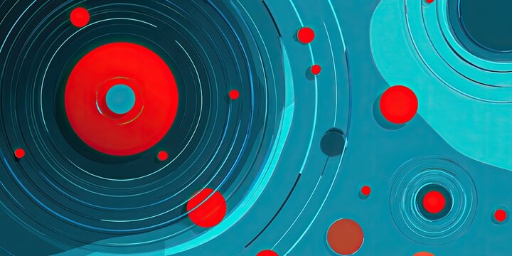 Abstract digital artwork featuring concentric circles, floating red orbs on a blue-green gradient background