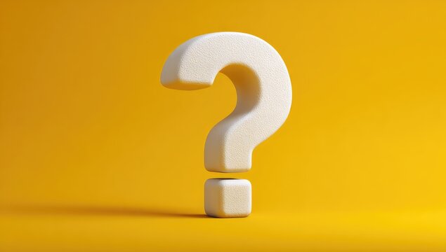 A large, three-dimensional, question mark rendered in soft white against a bright yellow background
