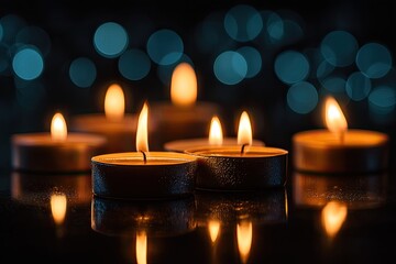 Warm glow illuminates six candles, with soft focus bokeh background, and reflective surface