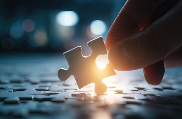 Close-up of a hand placing the final piece to complete a white jigsaw puzzle