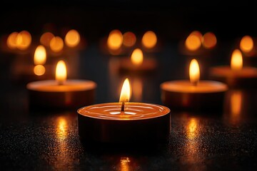 Close-up of several lit candles on a dark surface, blurred background creating a warm atmosphere