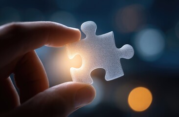 A hand holding a glowing puzzle piece, blurred background with bokeh lights, concept of solution