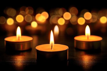 Low-angle shot of three lit tea light candles against a backdrop of blurred light orbs