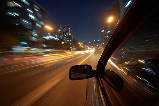 Nighttime shot from inside of a moving vehicle, showing blurred city lights and a long road