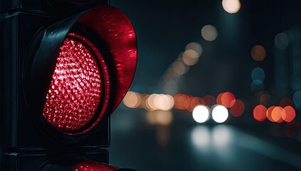 Close-up of a red traffic light illuminated at night, with blurred car headlights in the distance