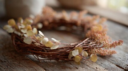 Close-up of a wreath made of twigs and leaves. the wreath is circular in shape and is placed on a wooden surface.