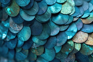 Detailed macro view of iridescent, overlapping circular segments in teal, turquoise, and gold hues