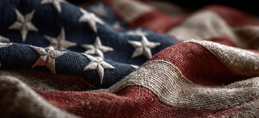 Close-up of a textured, waving textile showing white stars on blue field & red/white stripes