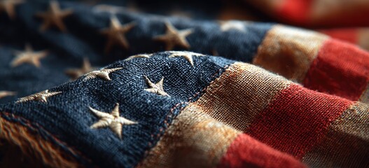 Close-up of a tattered national banner. Faded colors and embroidered stars create a vintage feel