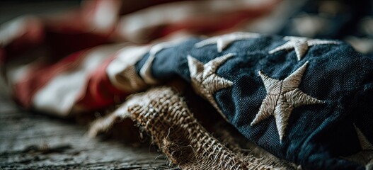 Close-up of an aged, weathered flag on a wooden surface. Detailed stars and stripes are visible
