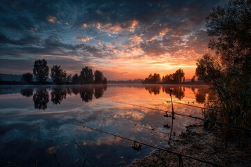 A serene lake at dawn reflects a vibrant sky, with silhouetted trees, and fishing rods