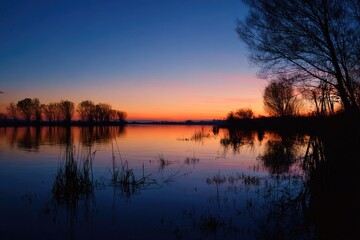Serene waters reflect a vivid sunset with silhouettes of trees along the horizon