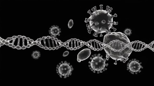 Microscopic 3D rendering of viral pathogens attacking a DNA double helix, representing genetic mutation, cellular infection, and biological research