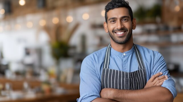 A cheerful Indian male entrepreneur stands proudly with arms crossed in a vibrant café. Bright decor and a welcoming atmosphere enhance the sense of community and success