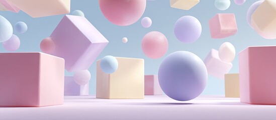A soft, pastel-colored abstract composition features floating geometric shapes. Spheres and cubes populate the scene