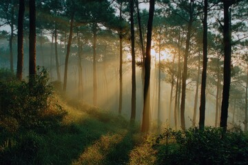 Misty sunrise filters through tall trees onto a grassy hillside, creating a dreamy, ethereal landscape
