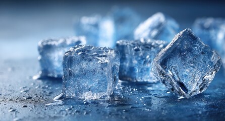 Close-up shot of multiple translucent, square ice cubes with droplets, on a cool blue surface