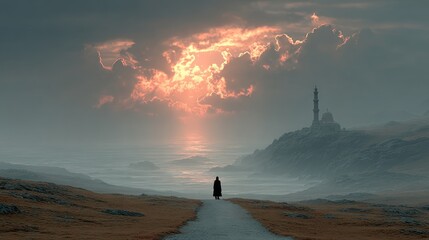 Lone figure walks towards a distant structure at sunset