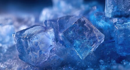 Macro photograph showcases textured, translucent, crystalline structures in various shades of blue