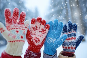 Upward view of four patterned mittens in a snowy environment, with blurred flakes