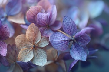 Close-up of delicate, soft-toned blossoms in shades of purple, beige, and blue with subtle gradients