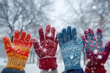 Colorful mittens are raised towards the falling snow against a blurred snowy tree background