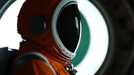 An astronaut in an orange spacesuit stands near a portal. Ready for the next mission! The visor reflects the light, hinting at unseen galaxies. Adventure awaits, embrace the unknown!