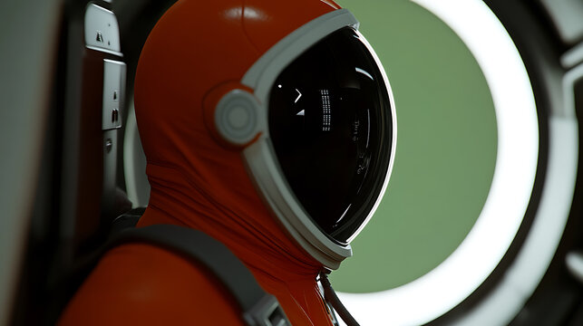 Focused spaceman, dressed in a vibrant orange spacesuit with a sleek black visor, ready for a cosmic journey, standing near a glowing ring. Adventure calls from deep space.
