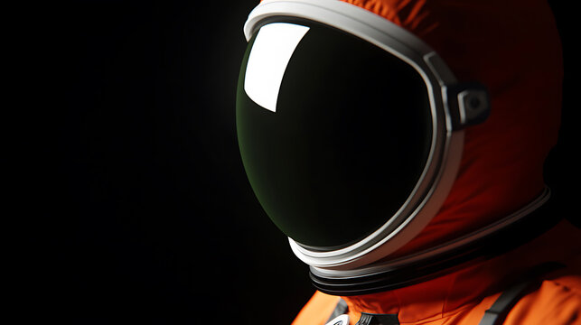 An astronaut in an orange spacesuit and helmet stands against a stark black backdrop. The helmet's visor reflects light, obscuring the face and adding to the sense of mystery. - Powered by Adobe