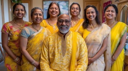 Surrounded by bright decorations, a joyful Indian family gathers to celebrate Diwali at home. Clad in vibrant traditional attire, they share laughter and love, embodying the spirit of togetherness