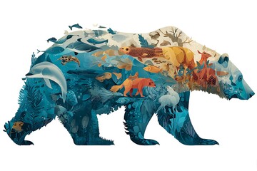 A walking bear silhouette contains varied wildlife scenes, merging ocean and forest habitats beautifully on transparent background