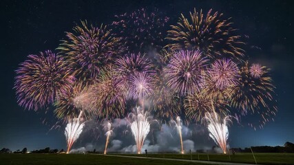 Colorful fireworks exploding in night sky over grassy field with audience silhouettes for editorial celebration photography event decor and poetic spectacle-themed visuals