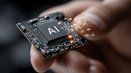 Close up of a finger holding an AI integrated circuit with application icons emerging