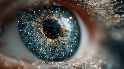 Detailed blue human eye shows intricate circuit patterns and golden glittery eyelash accents